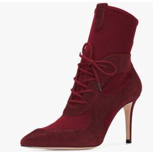 YDN Wine Lace Up Pointed Toe Stiletto High Heel Suede Winter Dress Ankle Boots